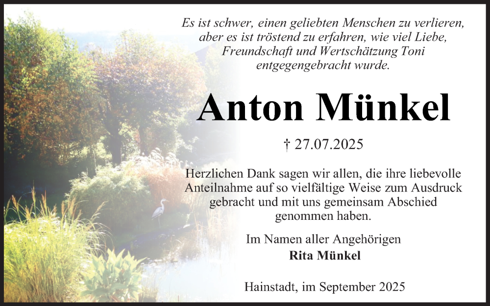  Traueranzeige für Anton Münkel vom 03.09.2025 aus Fränkische Nachrichten