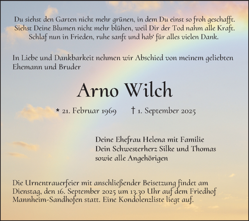  Traueranzeige für Arno Wilch vom 06.09.2025 aus Mannheimer Morgen