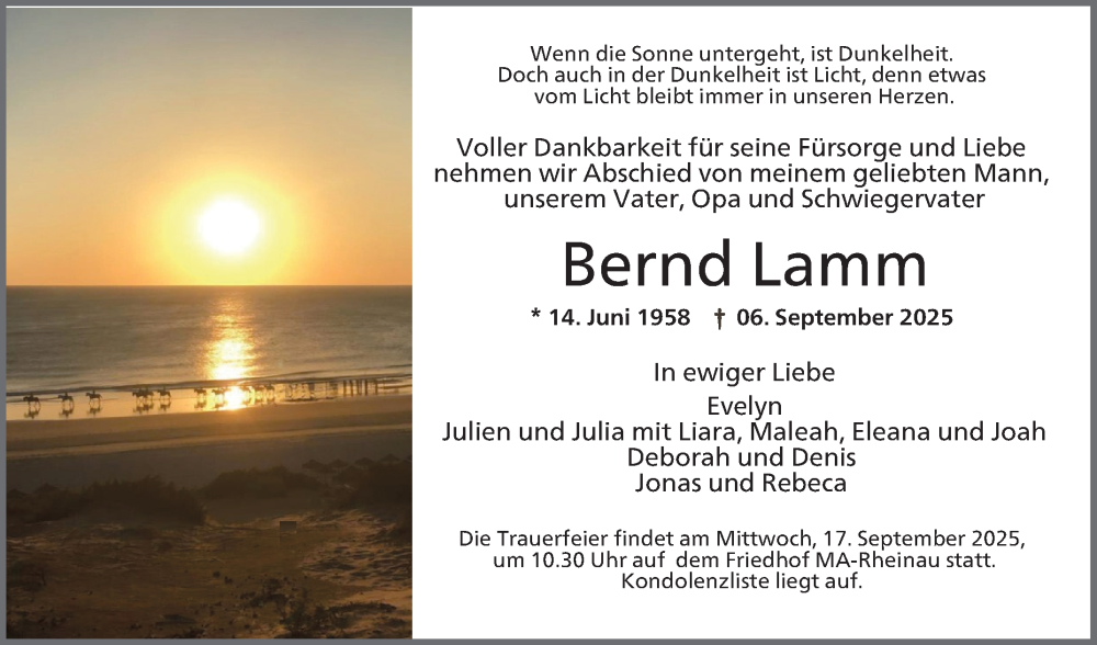  Traueranzeige für Bernd Lamm vom 13.09.2025 aus Mannheimer Morgen