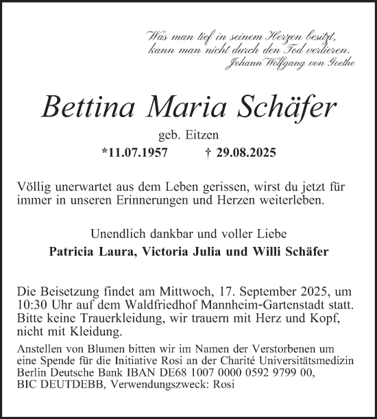 Traueranzeige von Bettina Maria Schäfer von Mannheimer Morgen