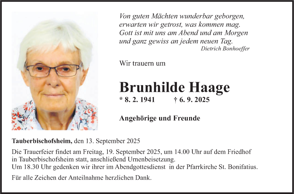  Traueranzeige für Brunhilde Haage vom 13.09.2025 aus Fränkische Nachrichten
