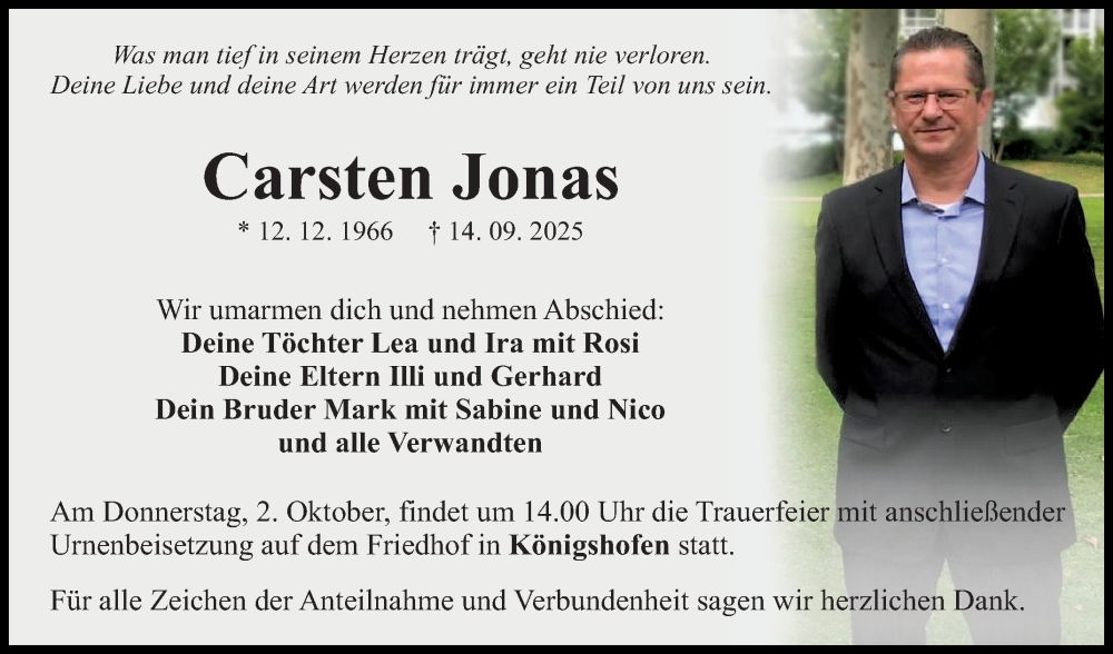 Traueranzeige für Carsten Jonas vom 26.09.2025 aus Fränkische Nachrichten
