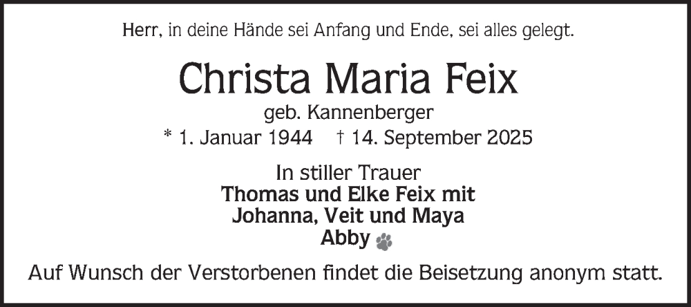  Traueranzeige für Christa Maria Feix vom 20.09.2025 aus Mannheimer Morgen
