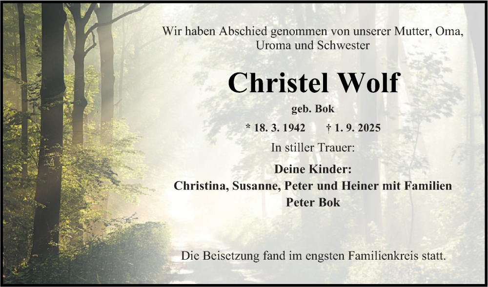 Traueranzeige für Christel Wolf vom 16.09.2025 aus Fränkische Nachrichten