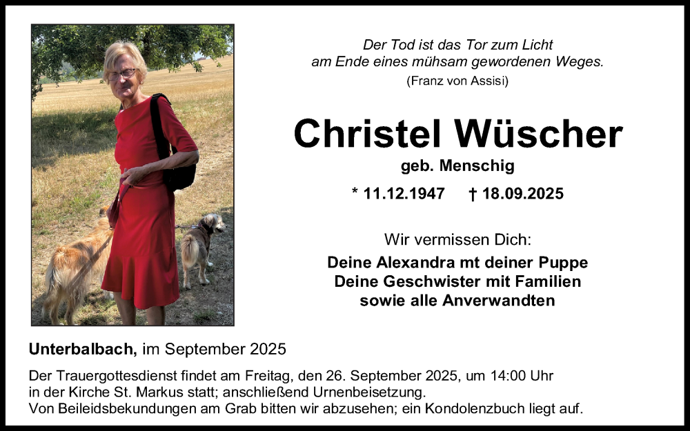  Traueranzeige für Christel Wüscher vom 24.09.2025 aus Fränkische Nachrichten