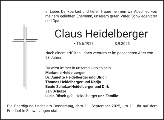 Traueranzeige von Claus Heidelberger von Schwetzinger Zeitung