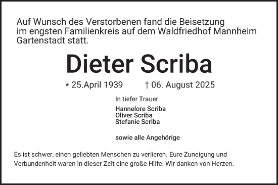 Traueranzeige von Dieter Scriba von Mannheimer Morgen