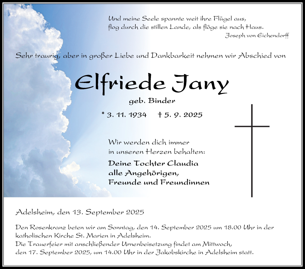  Traueranzeige für Elfriede Jany vom 13.09.2025 aus Fränkische Nachrichten
