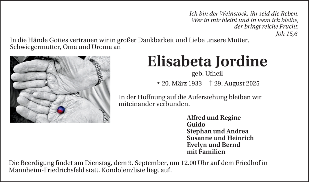  Traueranzeige für Elisabeta Jordine vom 06.09.2025 aus Mannheimer Morgen