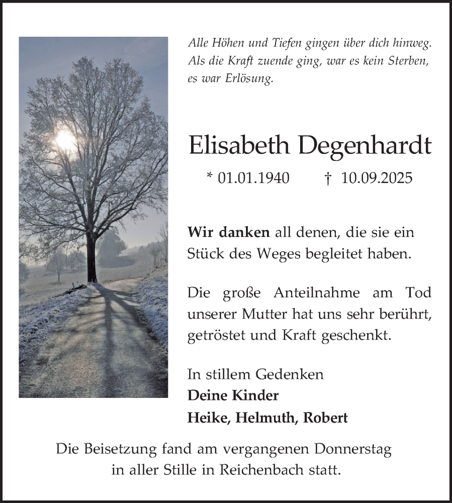 Traueranzeige für Elisabeth Degenhardt vom 27.09.2025 aus Bergsträßer Anzeiger