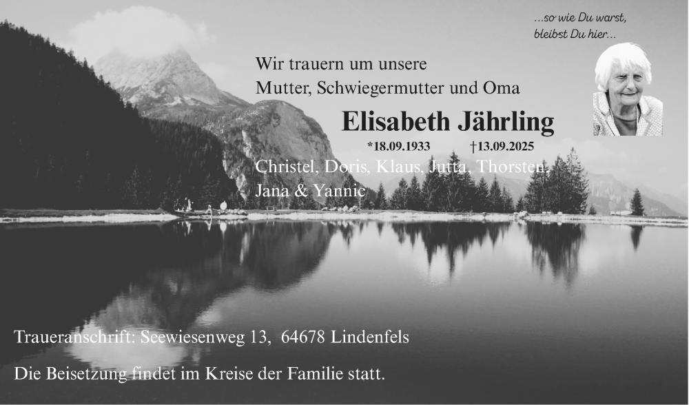  Traueranzeige für Elisabeth Jährling vom 20.09.2025 aus Bergsträßer Anzeiger