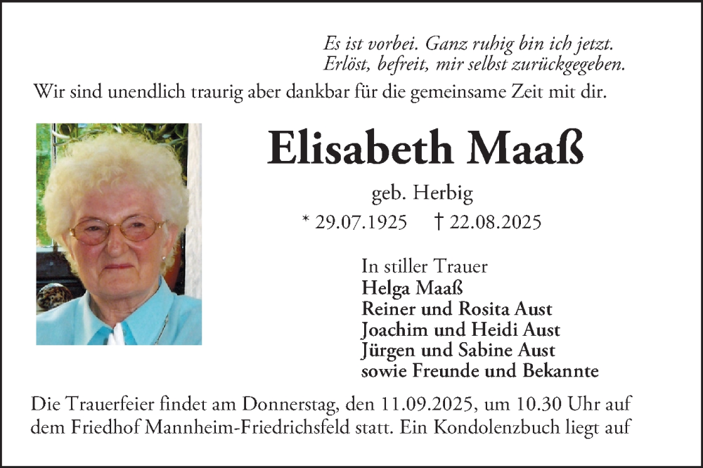  Traueranzeige für Elisabeth Maaß vom 08.09.2025 aus Mannheimer Morgen