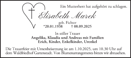 Traueranzeige von Elisabeth Marek von Mannheimer Morgen