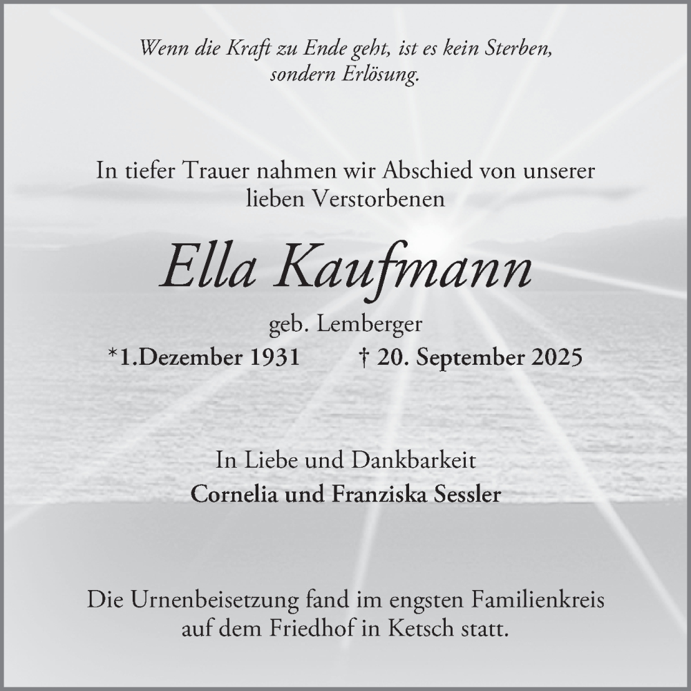  Traueranzeige für Ella Kaufmann vom 01.10.2025 aus Schwetzinger Zeitung