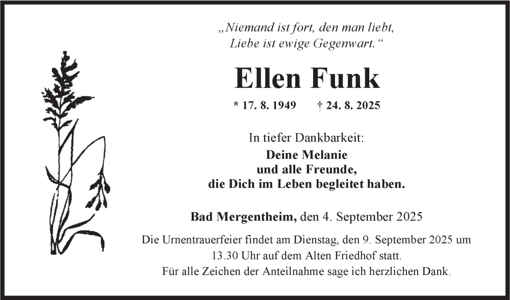  Traueranzeige für Ellen Funk vom 04.09.2025 aus Fränkische Nachrichten