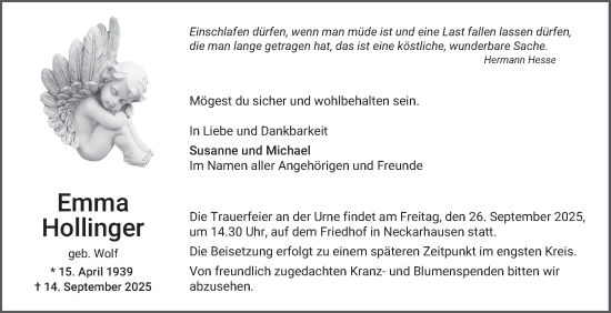 Traueranzeige von Emma Hollinger von Mannheimer Morgen