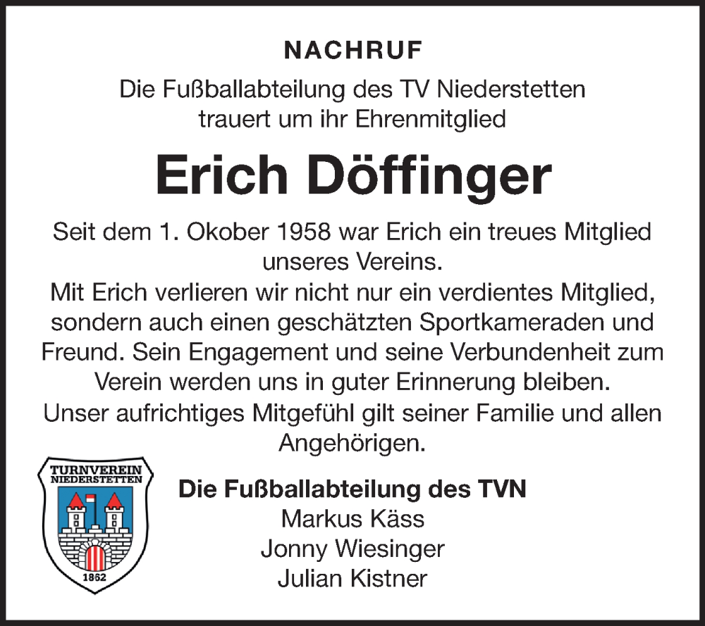  Traueranzeige für Erich Döffinger vom 19.09.2025 aus Fränkische Nachrichten