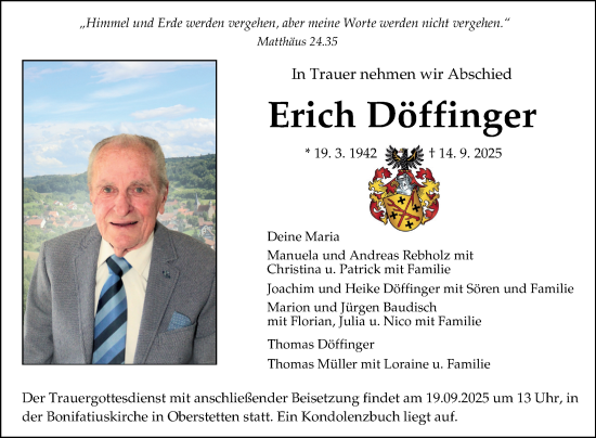 Traueranzeige von Erich Döffinger von Fränkische Nachrichten