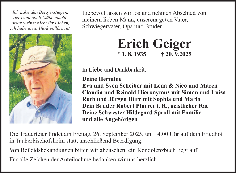  Traueranzeige für Erich Geiger vom 23.09.2025 aus Fränkische Nachrichten