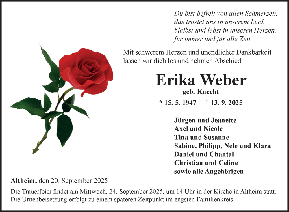  Traueranzeige für Erika Weber vom 20.09.2025 aus Fränkische Nachrichten