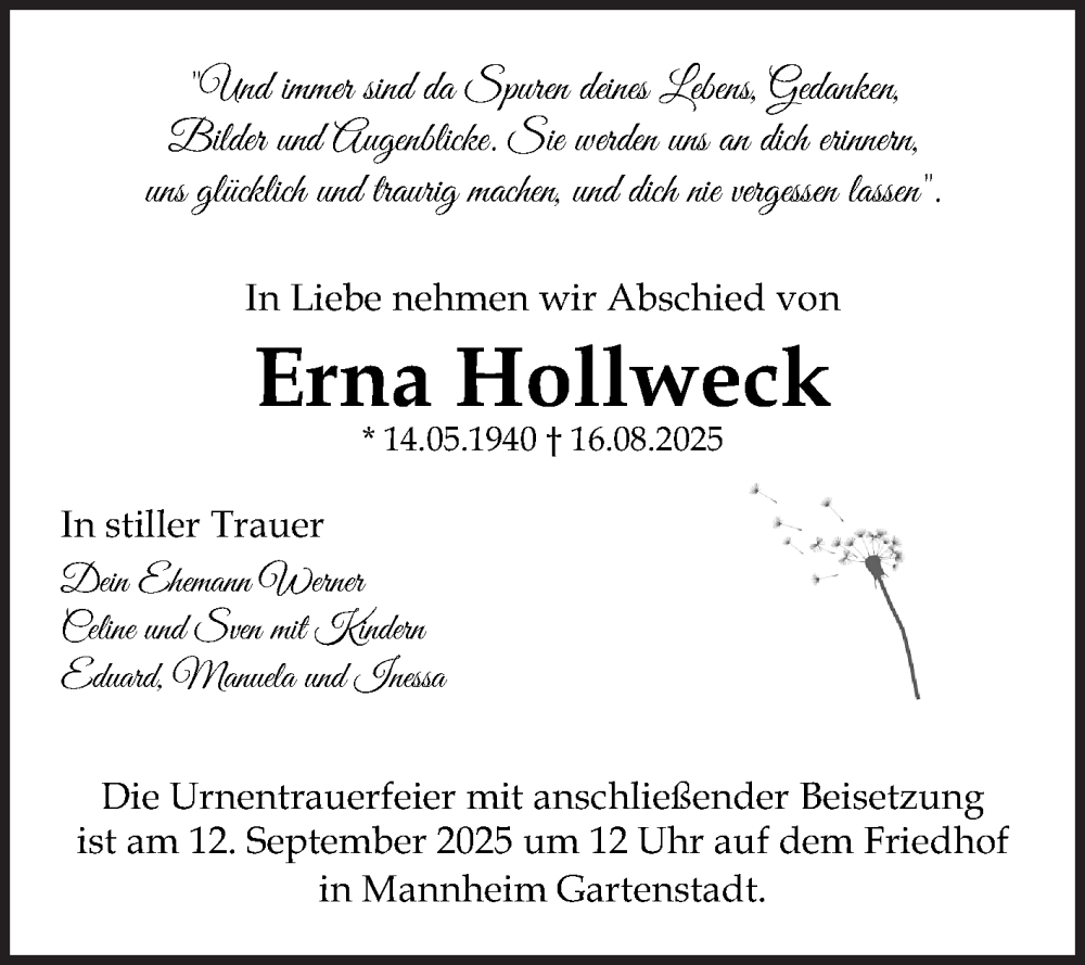  Traueranzeige für Erna Hollweck vom 06.09.2025 aus Mannheimer Morgen