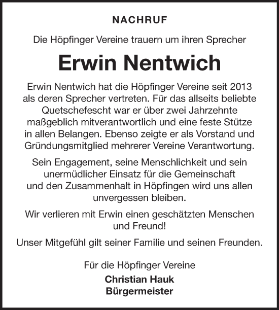 Traueranzeige von Erwin Nentwich von Fränkische Nachrichten