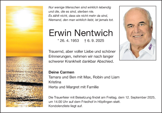Traueranzeige von Erwin Nentwich von Fränkische Nachrichten