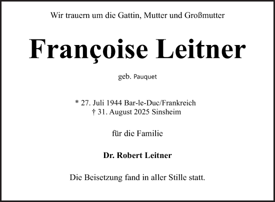 Traueranzeige von Francoise Leitner von Schwetzinger Zeitung