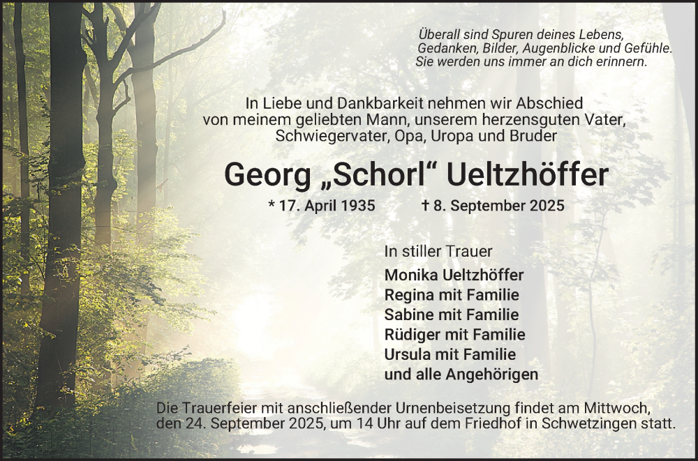  Traueranzeige für Georg Ueltzhöffer vom 20.09.2025 aus Schwetzinger Zeitung