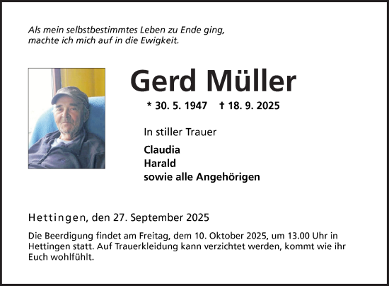 Traueranzeige von Gerd Müller von Fränkische Nachrichten