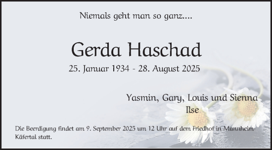 Traueranzeige von Gerda Haschad von Mannheimer Morgen
