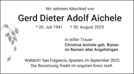 Traueranzeige von Gerd Dieter Adolf Aichele von Schwetzinger Zeitung