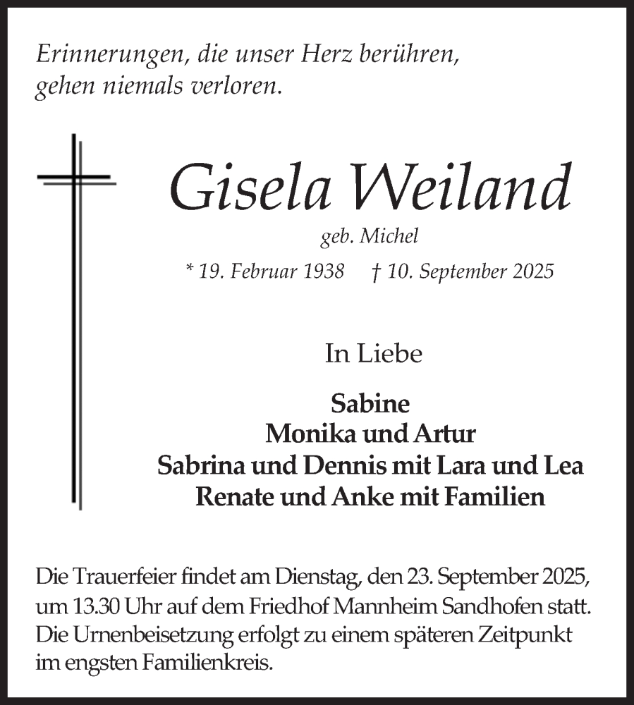  Traueranzeige für Gisela Weiland vom 20.09.2025 aus Mannheimer Morgen