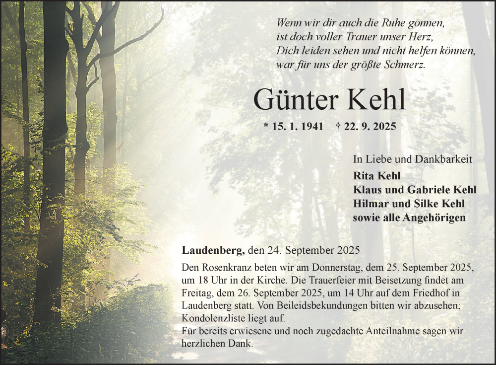  Traueranzeige für Günter Kehl vom 24.09.2025 aus Fränkische Nachrichten