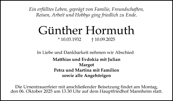 Traueranzeige von Günther Hormuth von Mannheimer Morgen