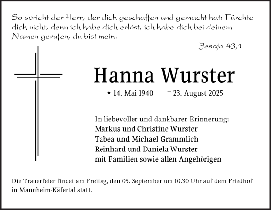 Traueranzeige von Hanna Wurster von Mannheimer Morgen