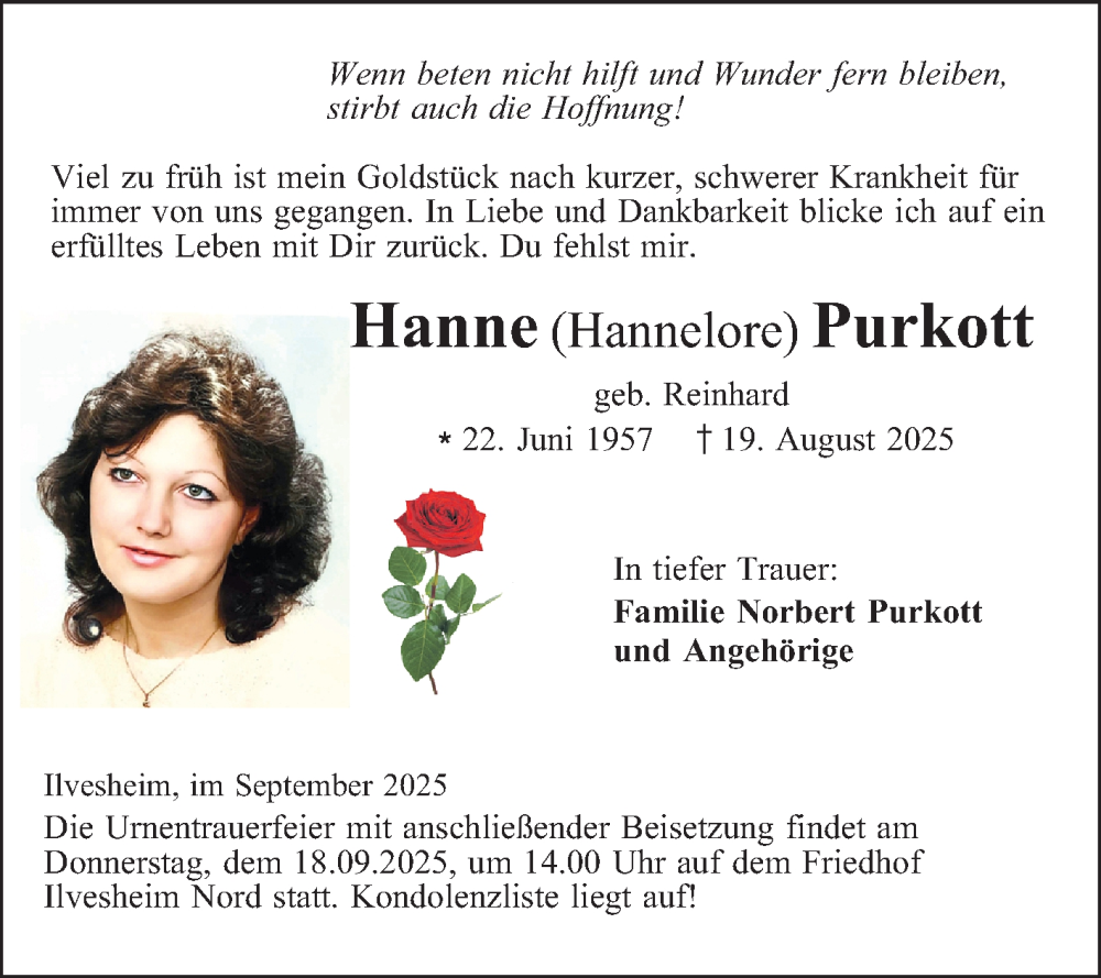  Traueranzeige für Hanne Purkott vom 06.09.2025 aus Mannheimer Morgen