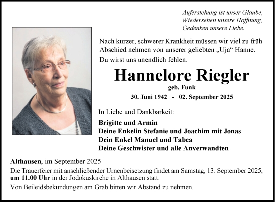 Traueranzeige von Hannelore Riegler von Fränkische Nachrichten