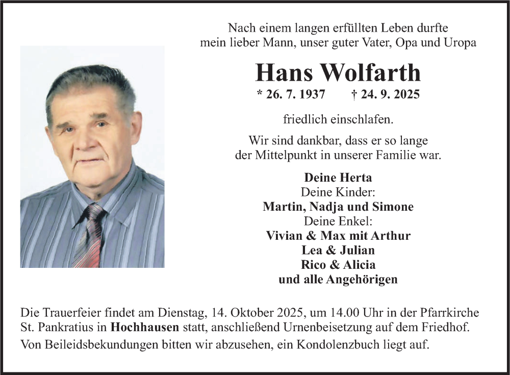  Traueranzeige für Hans Wolfarth vom 01.10.2025 aus Fränkische Nachrichten