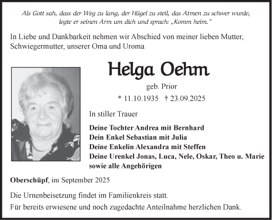 Traueranzeige von Helga Oehm von Fränkische Nachrichten