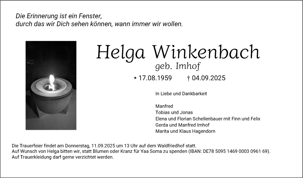  Traueranzeige für Helga Winkenbach vom 09.09.2025 aus Mannheimer Morgen