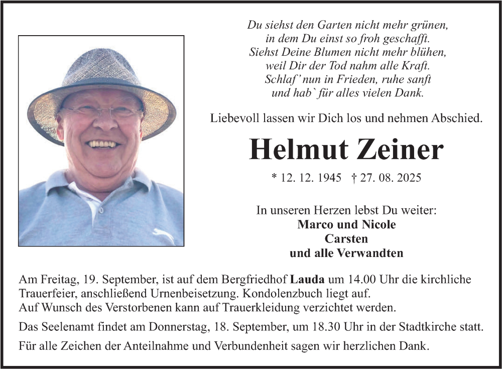  Traueranzeige für Helmut Zeiner vom 13.09.2025 aus Fränkische Nachrichten