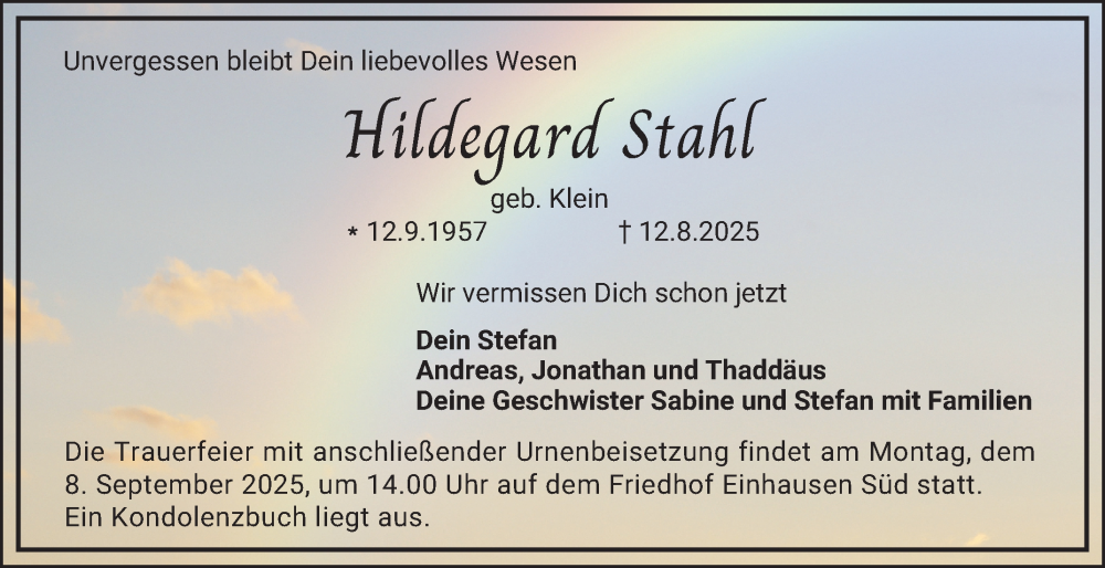  Traueranzeige für Hildegard Stahl vom 06.09.2025 aus Bergsträßer Anzeiger