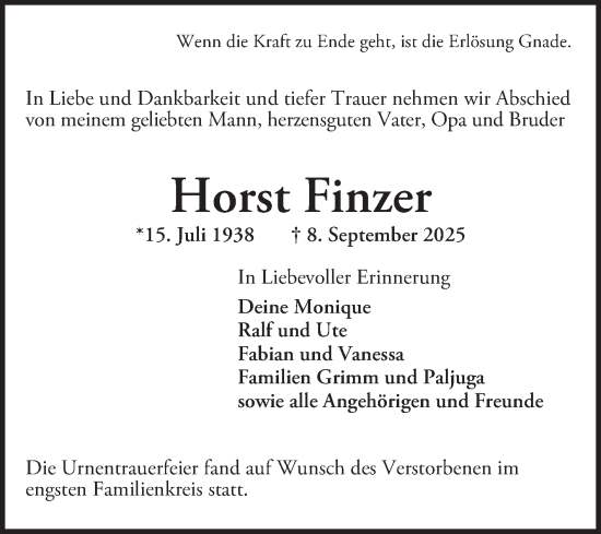 Traueranzeige von Horst Finzer von Mannheimer Morgen