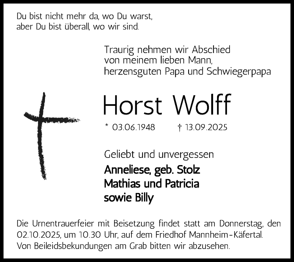  Traueranzeige für Horst Wolff vom 27.09.2025 aus Mannheimer Morgen