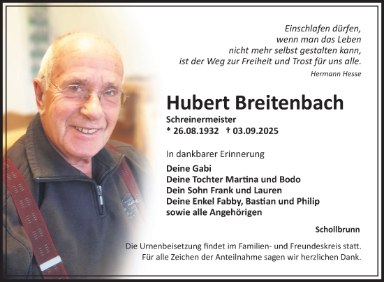 Traueranzeige von Hubert Breitenbach von Fränkische Nachrichten