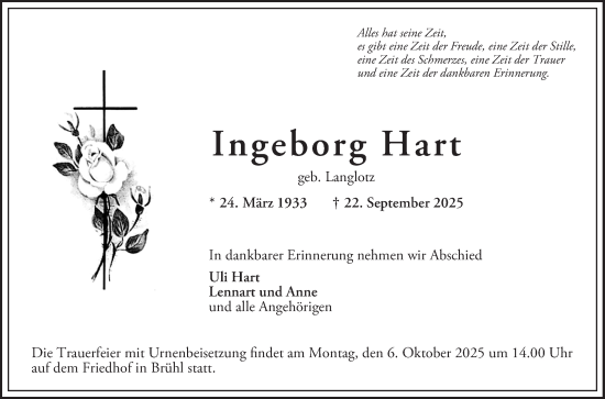 Traueranzeige von Ingeborg Hart von Schwetzinger Zeitung