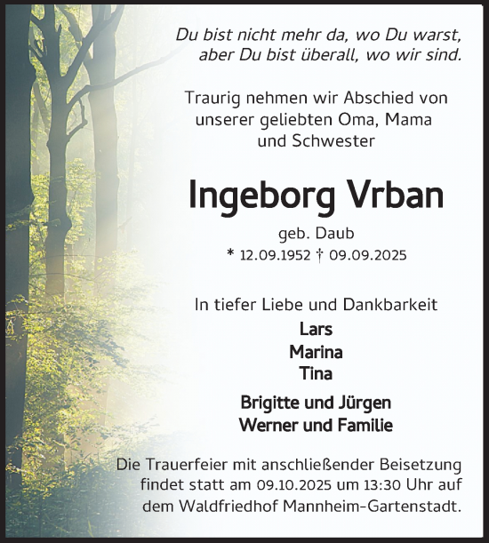Traueranzeige von Ingeborg Vrban von Mannheimer Morgen