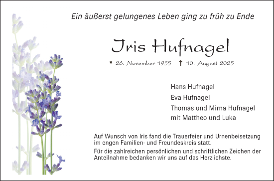 Traueranzeige von Iris Hufnagel von Schwetzinger Zeitung