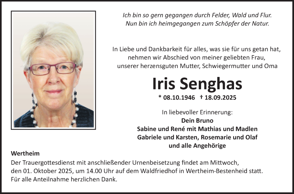  Traueranzeige für Iris Senghas vom 27.09.2025 aus Fränkische Nachrichten